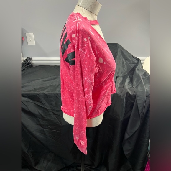 VS Love Pink Bleach Dyed Cut Out Crop Long Sleeve Pink Cotton Top Small Dog Logo - Picture 2 of 8